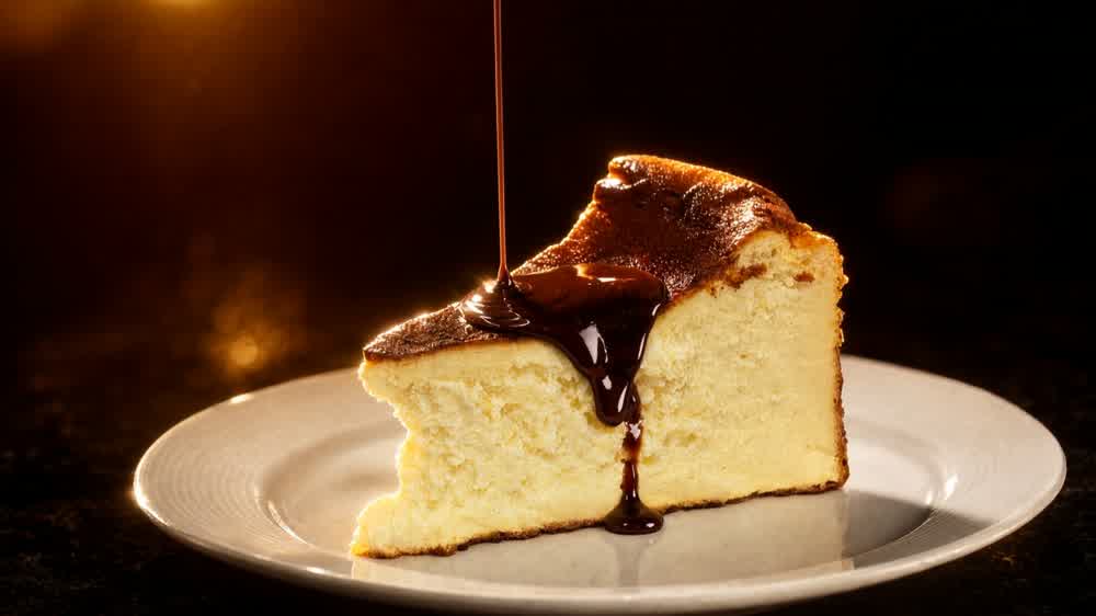 Chocolate sauce pouring over a slice of Basque cheesecake